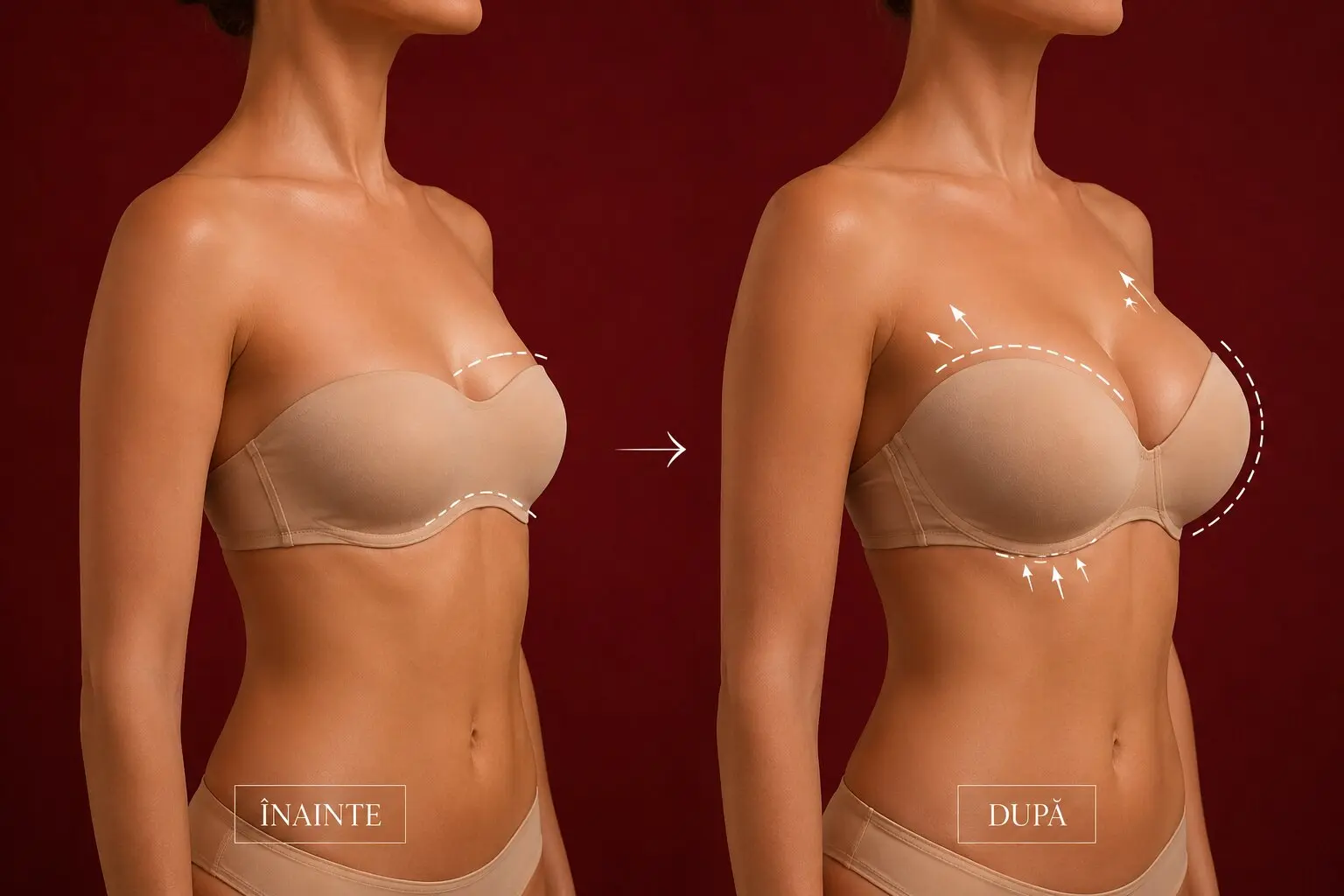 Augmentare mamară înainte și după — creșterea volumului sânilor cu aspect natural